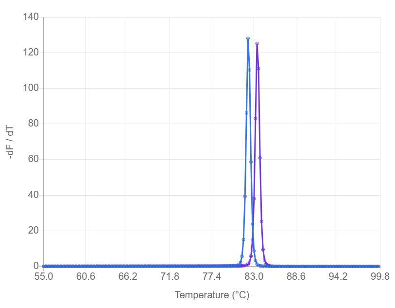 First derivative melting curve analysis showing distinct peaks for melting temperatures
